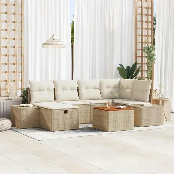 Zestaw Ogrodowy 7-elementowy, Rattan, Kremowo-Beżowy, 80cm Głębokość S