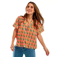 Koszule damskie - Damska koszula bez prasowania, odporna na zagniecenia, odpycha plamy, bez smug potu, antyzapachowa, oddychająca, dekolt w serek, elegancka damska, Pomarańczowy, Różowy I Zielony Nadru, XL - miniaturka - grafika 1