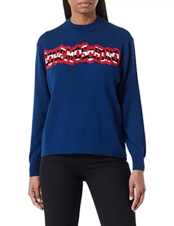 Swetry damskie - Love Moschino Damski sweter o regularnym kroju z długim rękawem z prążkowanym logo, niebieski, 44 - grafika 1