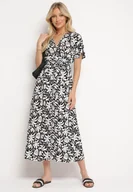 Sukienki - Czarno-Biała Kopertowa Sukienka z Wiskozy z Gumką w Pasie i Materiałowym Paskiem Fazemia - miniaturka - grafika 1