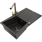 Zlewozmywaki z baterią - Mexen Cesar zlewozmywak granitowy 1-komorowy z ociekaczem i baterią kuchenną Duero, czarny/złoty metalik - miniaturka - grafika 1