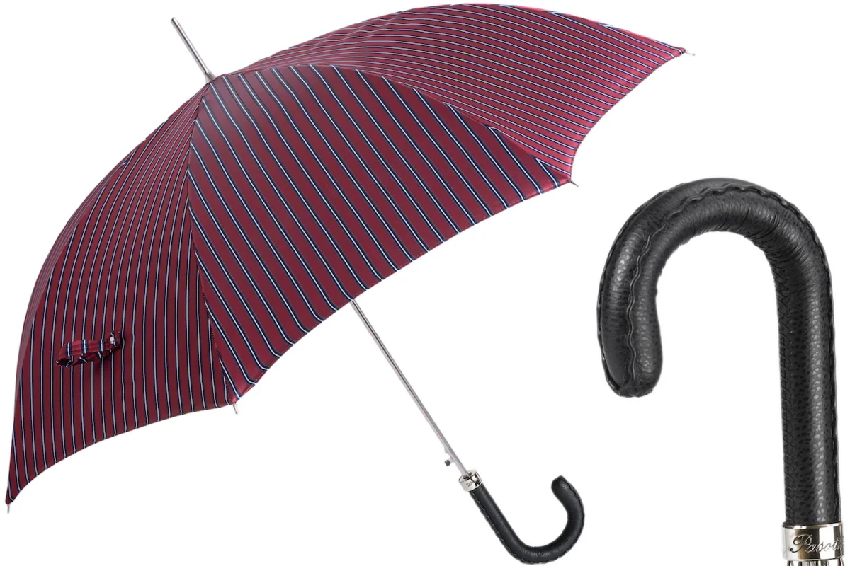 PASOTTI Męska Parasolka 95cm Paski Skórzana Rączka Manual Włochy LUX