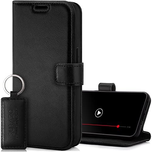 SURAZO Etui na telefon komórkowy Samsung Galaxy M34, skórzane etui ochronne z klapką z prawdziwej skóry [magnes, przegródka na karty, funkcja stojaka] Etui z klapką, etui skórzane (czarne)