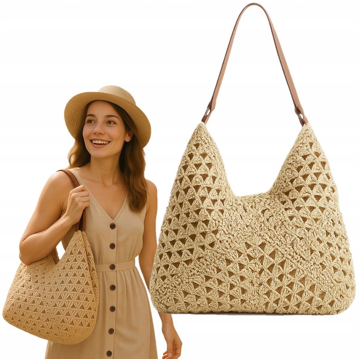 TORBA PLAŻOWA BOHO SŁOMIANA MIEJSKA SHOPPERKA NA PLAŻĘ NA ZAKUPY DUŻA