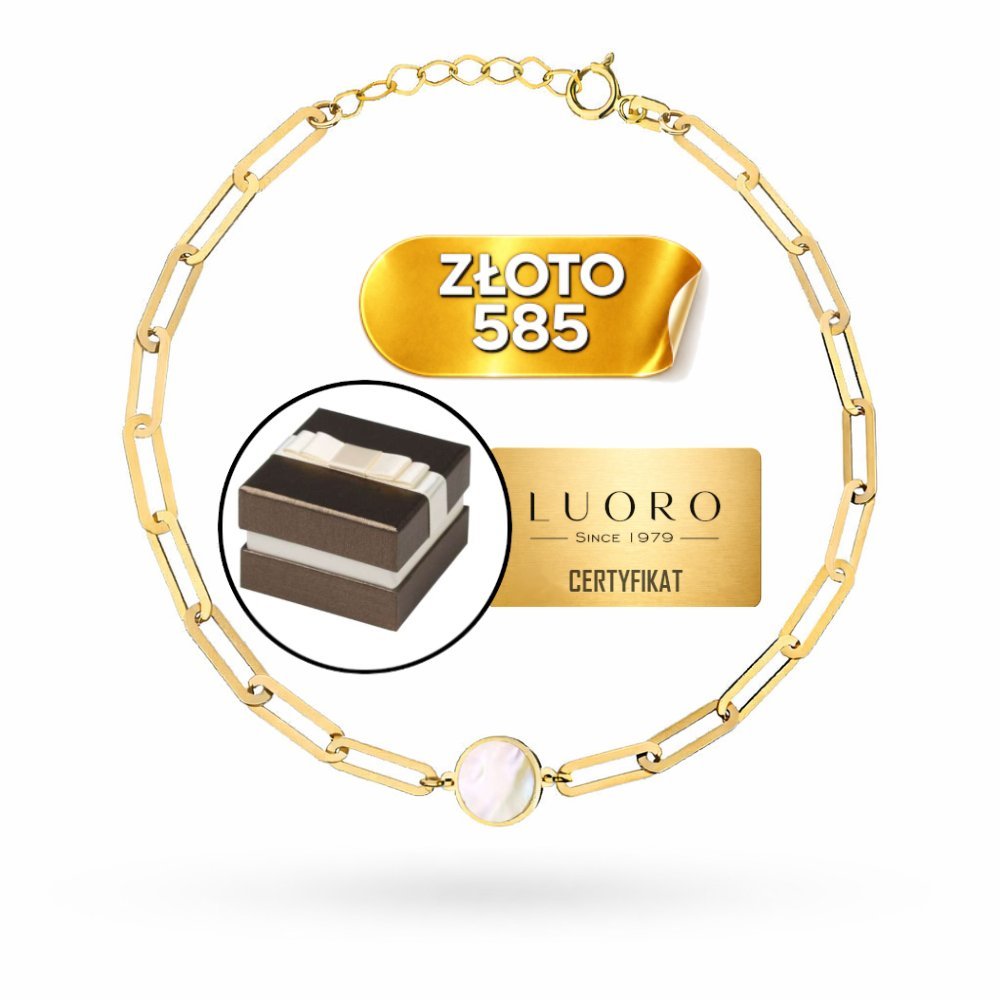 BRANSOLETKA ZŁOTA 585 14K DŁUGIE OGNIWA KÓŁKO Z MASĄ PERŁOWĄ 17 CM