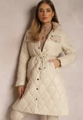 Kurtki damskie - Beżowa Kurtka za Kolano z Kołnierzem Pikowana Vilia - miniaturka - grafika 1