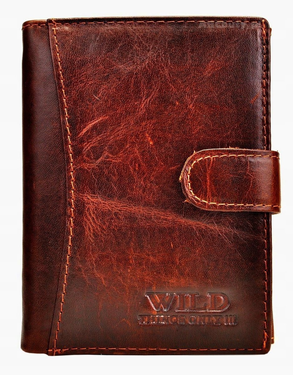Brązowy SKÓRZANY Portfel Męski + ZAPINKA Pionowy Młodzieżowy ELEGANCKI Wild