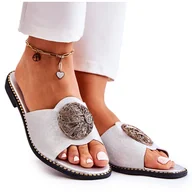 Klapki i japonki damskie - S.Barski Damskie Skórzane Klapki Z Ozdobą Srebrne Colene srebrny - miniaturka - grafika 1