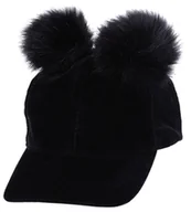 Czapki damskie - Czarna, zamszowa czapka z daszkiem, z pomponami 30.5/36 EU - miniaturka - grafika 1