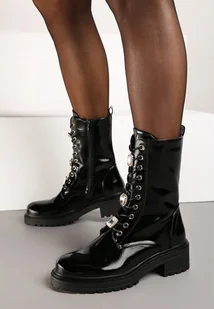 Czarne Botki na Płaskiej Podeszwie w Stylu Workerów ze Sznurowaniem i Cyrkoniami Nialoria - Botki damskie - miniaturka - grafika 1