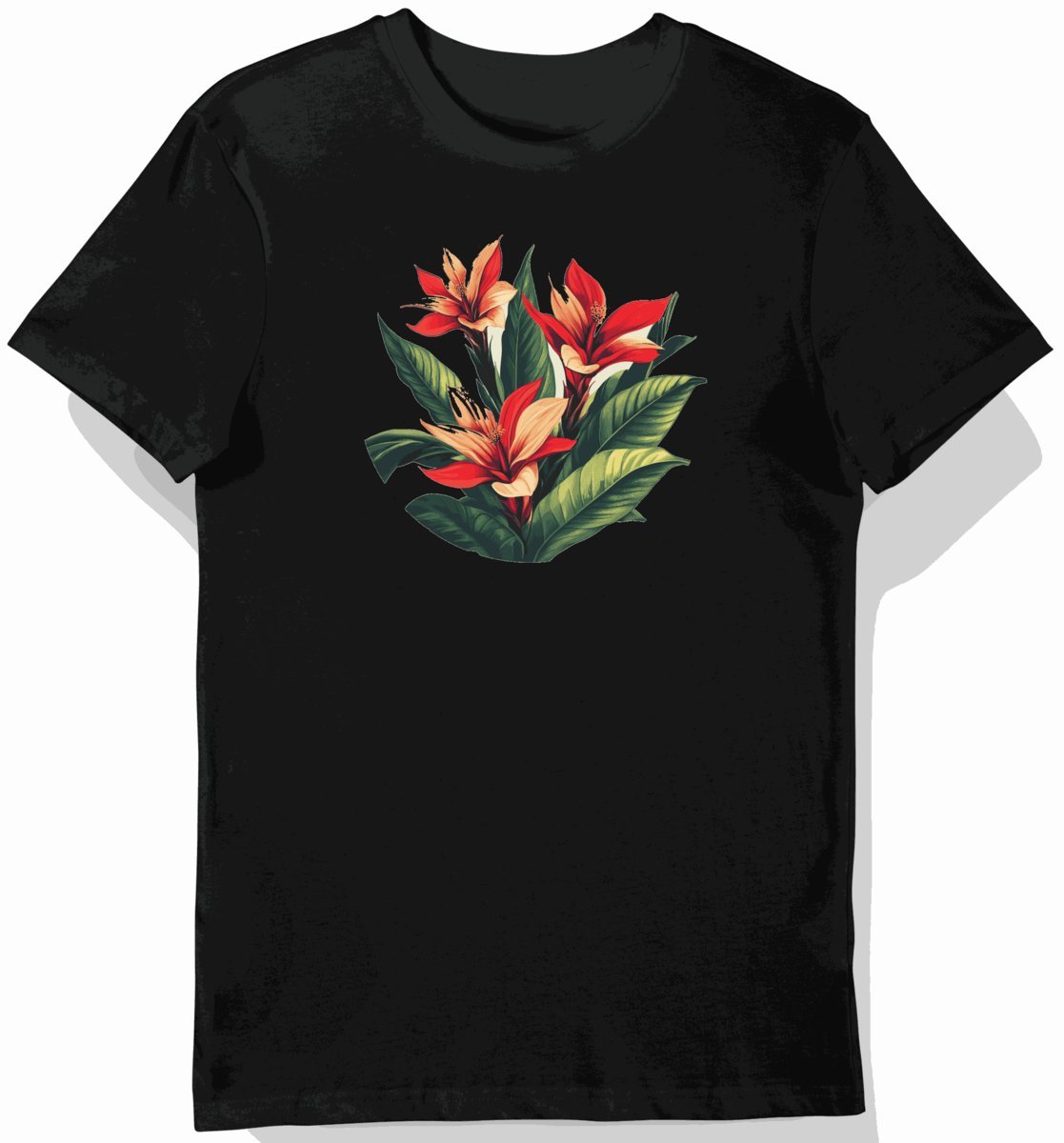 Koszulka męska czarna z motywem czerwonych kwiatów tropikalnych XXL