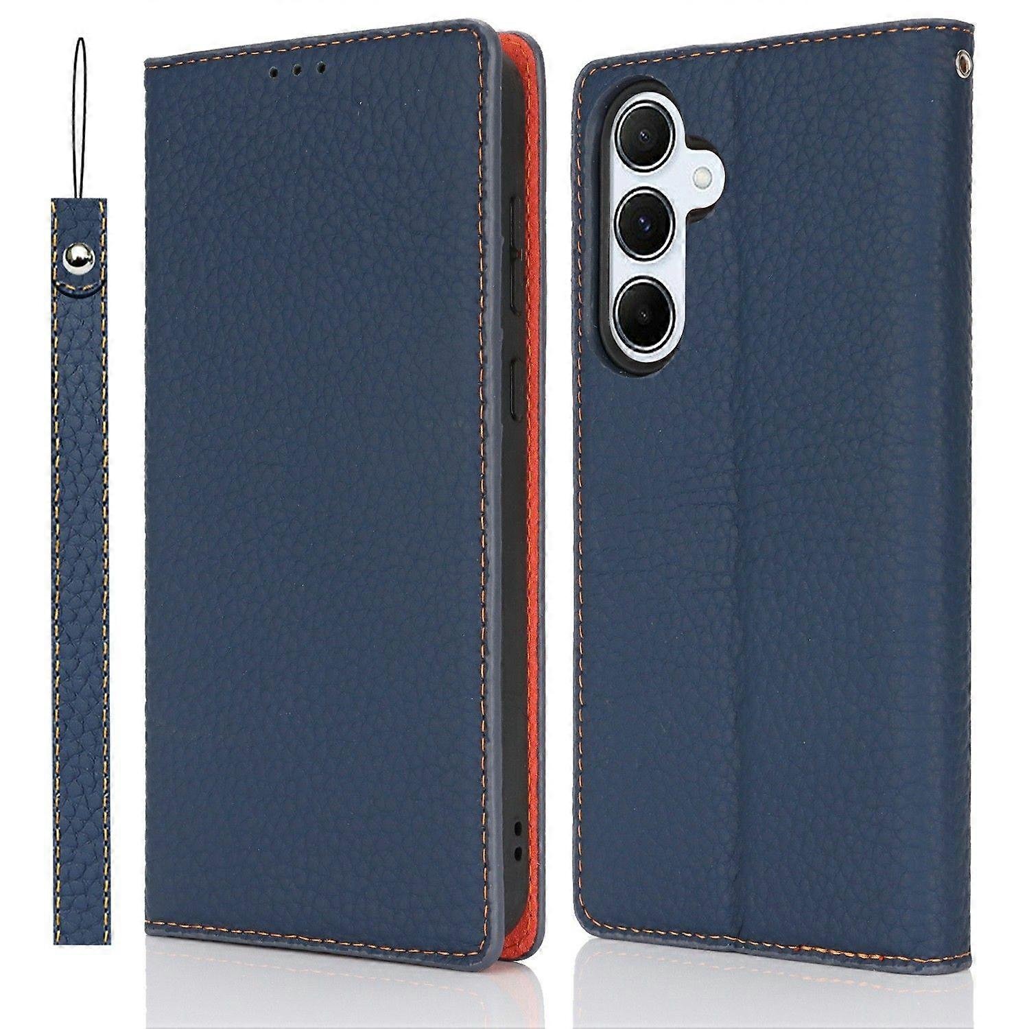 Dla Samsung Galaxy S25 Etui Portfel Prawdziwa skóra bydlęca Pokrowiec na telefon Tekstura Litchi - Ciemnoniebieski Wielobarwny Dark Blue