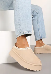 Beżowe Niskie Śniegowce z Imitacji Zamszu na Platformie z Ozdobnym Haftem Ftarvia - Śniegowce damskie - miniaturka - grafika 1