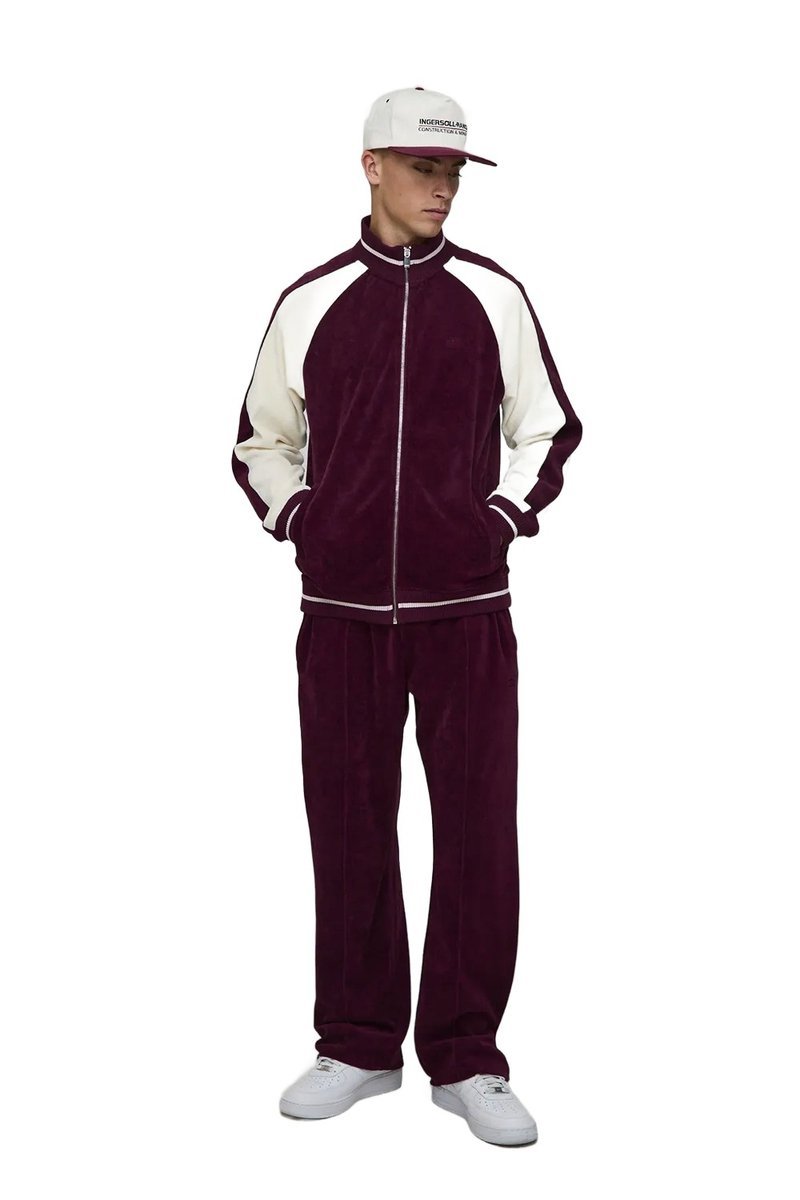 BOOHOOMAN MĘSKI DRES KOMPLET WELUROWY BORDOWY Z KREMOWYMI WSTAWKAMI M Z3A*
