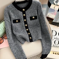 Swetry damskie - TEMU ELEGANTSUT Damska Bluzka w Stylu Francuskim - Elegancka Kurtka z Zapięciem na Guziki, Design Color-Blocking z Kołnierzem, Krótka Długość na - miniaturka - grafika 1