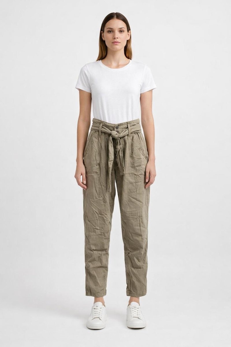 PEPE JEANS KHAKI SPODNIE RURKI Z WIĄZANYM PASKIEM LEN BAWEŁNA XS AWA