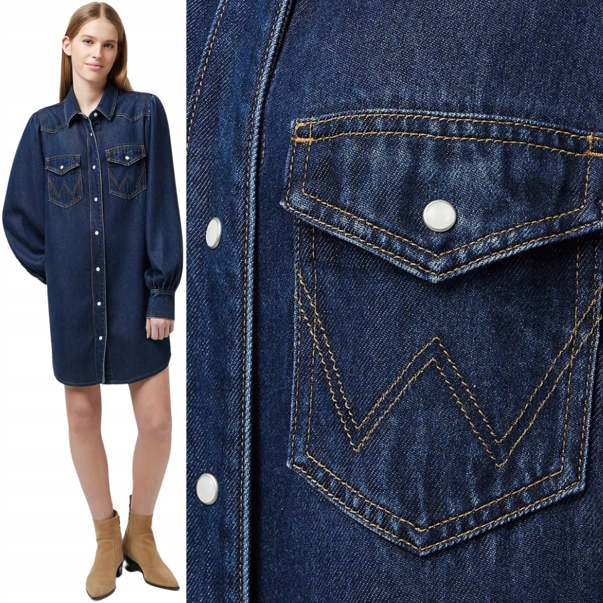 Wrangler Baloonsleeve Shirt Dress Granatowa Jeansowa Sukienka Koszula Xs