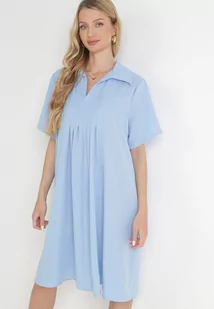 Niebieska Rozkloszowana Sukienka z Zakładkami i Kołnierzykiem Alisano - Sukienki - miniaturka - grafika 1
