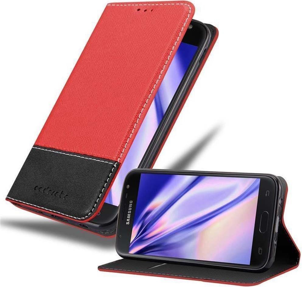 Etui Cadorabo do Samsung Galaxy J3 2017 w kolorze CZERWONYM CZARNYM Etui na telefon komórkowy z magnetycznym zamknięciem, funkcją podstawki i miejscem na kartę Etui Etui ochronne Etui z klapką w stylu książki