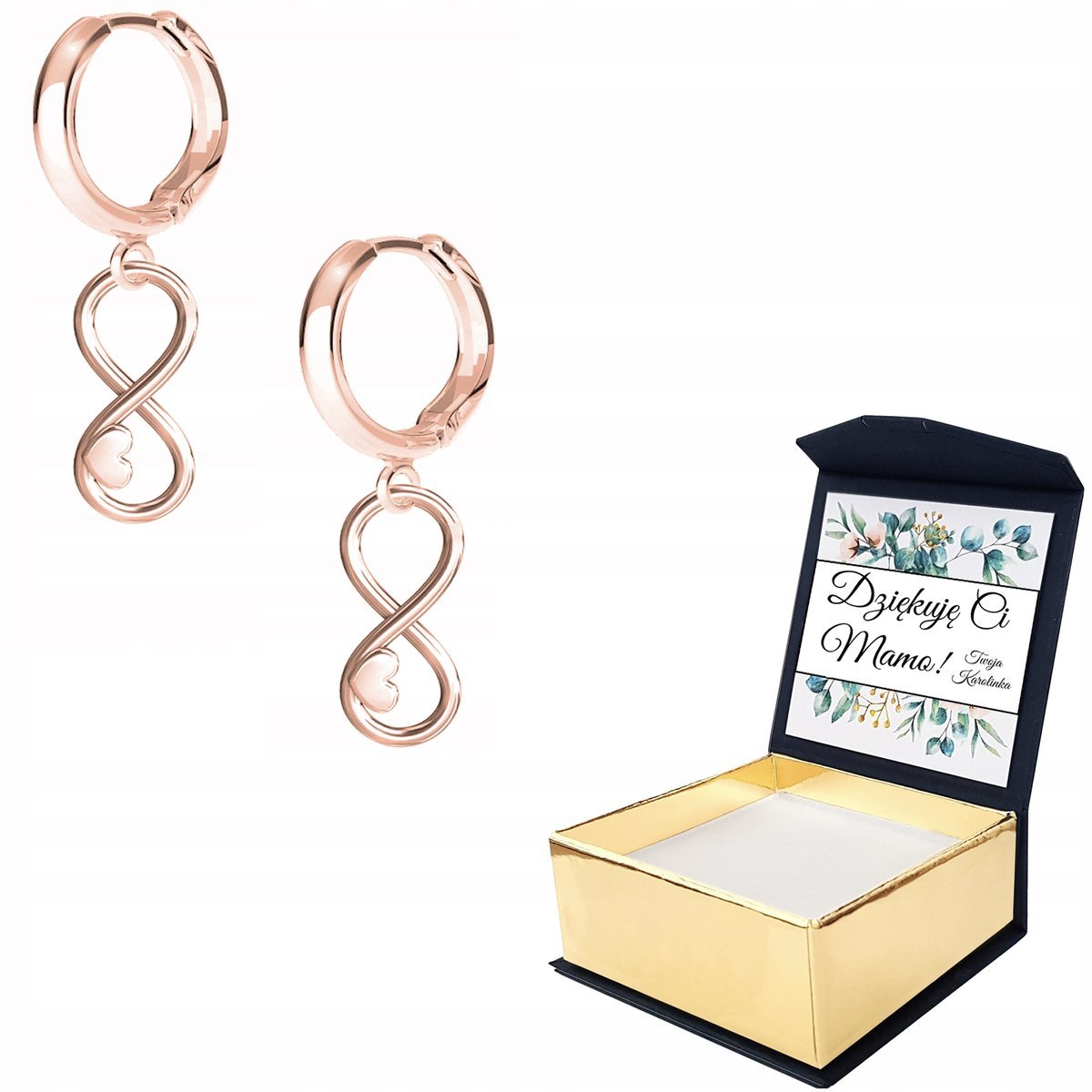 Kolczyki różowe złoto Nieskończoność WŁASNY NADRUK