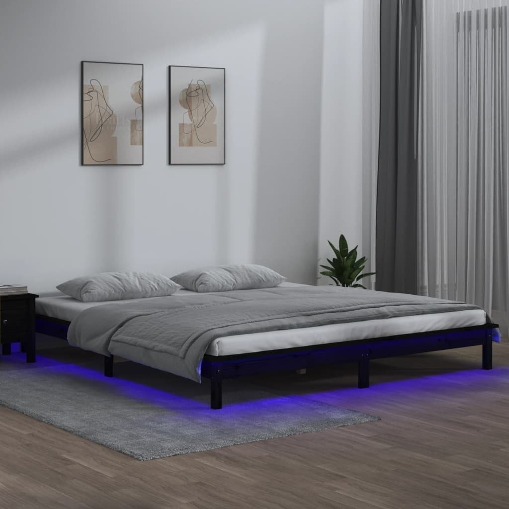 Łóżko z litego drewna z oświetleniem LED czarne 200x200 cm