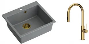 Quadron Zlewozmywak granitowy jednokomorowy 57*50*22 cm MORGAN 110 SILVER STONE ze złotym odpływem z baterią JENNIFER Q LINE SLIM z wyciąganą wylewką i funkcją prysznica kolor złoty - Zlewozmywaki z baterią - miniaturka - grafika 1
