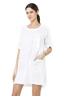 Sukienki - Sukienka damska 100% lniana Made in Italy, Krótka sukienka z okrągłym dekoltem z zapinanymi kieszeniami i długimi rękawami, biała, rozmiar: L, biały, L - miniaturka - grafika 1