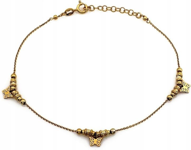 Srebrna bransoletka 925 pozłacana z kulkami z wiszącymi motylkami na nogę