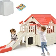 Place zabaw - Domek Ogrodowy dla Dzieci ze Zjeżdżalnią, 1 Drzwiami i 2 Oknami, ze Stołem Piknikowym, Talerzami i Zabawkami, dla Dzieci w Wieku 3-8 Lat (Różowy) - miniaturka - grafika 1