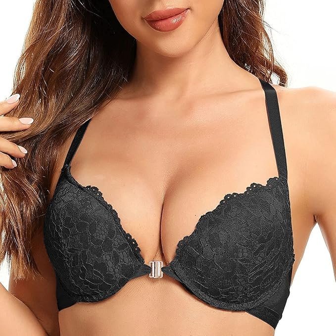 SHEKINI Biustonosz Koronkowy Stanik Push-up z Fiszbinami Czarny 38C