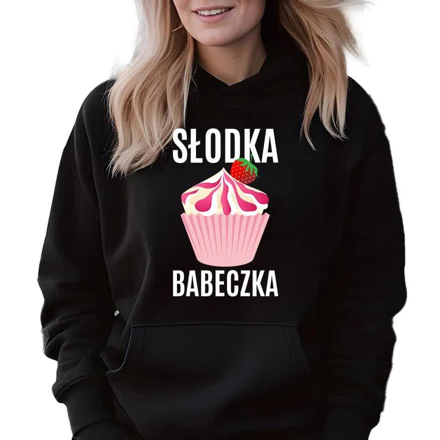 BLUZA DAMSKA Czarna Z Kapturem Na Prezent Dla Dziewczyny SŁODKA BABECZKA M