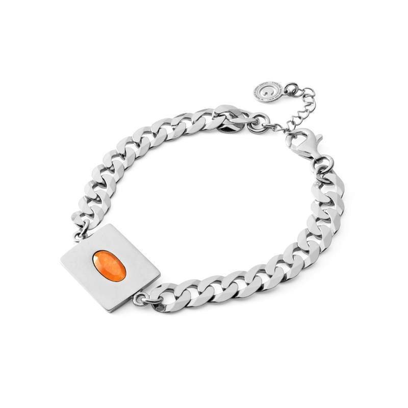 Srebrna bransoletka z owalnym kamieniem - jadeit pomarańczowy w pokryciu platyną
