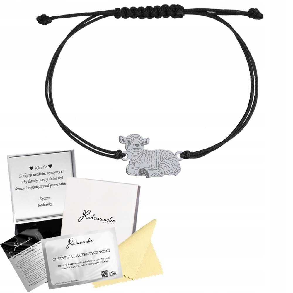 Bransoletka Srebrna Baranek Wielkanocny Sznurek Prezent DEDYKACJA GRATIS