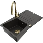Zlewozmywaki z baterią - Mexen Cesar zlewozmywak granitowy 1-komorowy z ociekaczem i baterią kuchenną Savita, czarny/złoty metalik - miniaturka - grafika 1