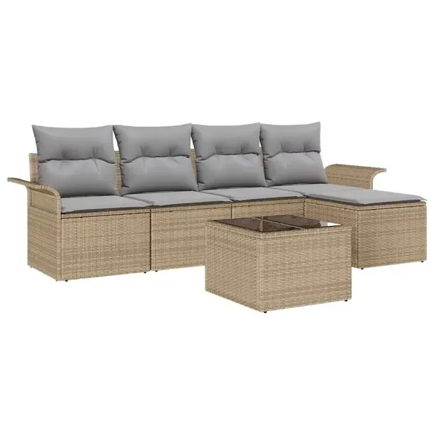 Zestaw Narożny Ogrodowy Rattan Beżowo-Szary, 5 Osób, 60 cm Głębokość