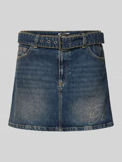 Spódnice - Spódnica jeansowa z nadrukiem z motywem z logo - grafika 1