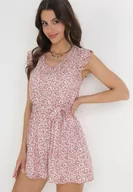 Kombinezony - Różowy Wiskozowy Kombinezon z Gumką w Talii i Materiałowym Paskiem Jalana - miniaturka - grafika 1