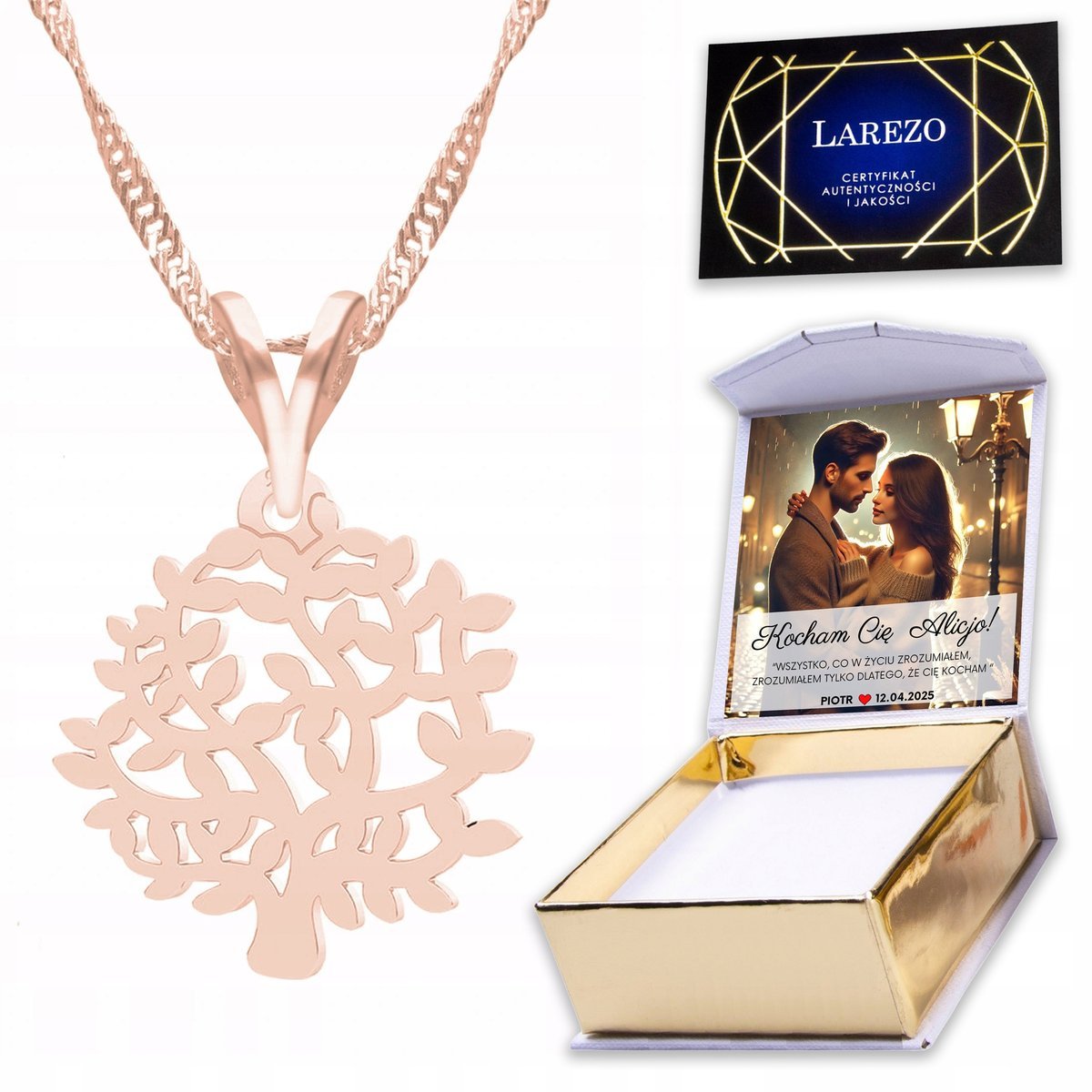 Naszyjnik Pozłacany 925 z Drzewem Ażurowe Drzewo Drzewko Gałązka + NADRUK