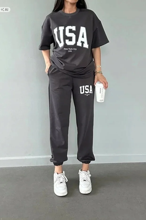 BAWEŁNIANY DRES KOMPLET USA SPORTOWY WYGODNY SZARY XS 5IA