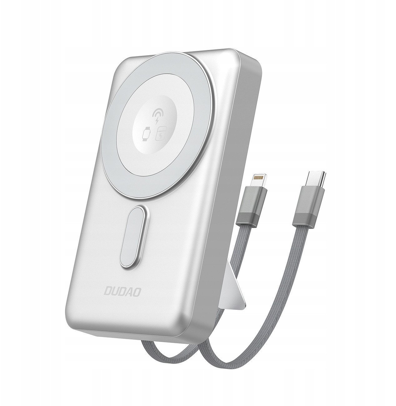 Dudao K29 10000mAh PD 20W z MagSafe z metalową obudową, podstawką i wbudowanymi kablami USB-C/Lightning - srebrny
