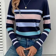 Bluzki damskie - TEMU Damska koszulka z długim rękawem w paski - Granatowo-różowe pionowe paski, okrągły dekolt, średnia elastyczność, całoroczny krój, regularna - miniaturka - grafika 1