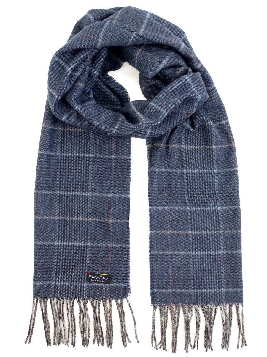 Niebieski szalik męski w kratę glencheck F3 - FRAAS Cashmink