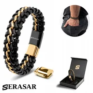 Bransoletki - Bransoletka skórzana SERASAR dla mężczyzn [Steel] - złoty/czarny 23 cm - ze stalowym zapięciem magnetycznym - w zestawie pudełko prezentowe - miniaturka - grafika 1