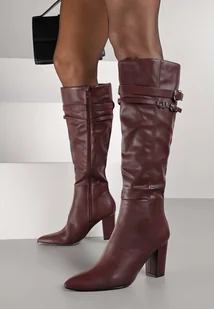 Bordowe Eleganckie Kozaki do Kolan na Słupku Zdobione Paskami z Klamerkami Alenelle - Kozaki damskie - miniaturka - grafika 1