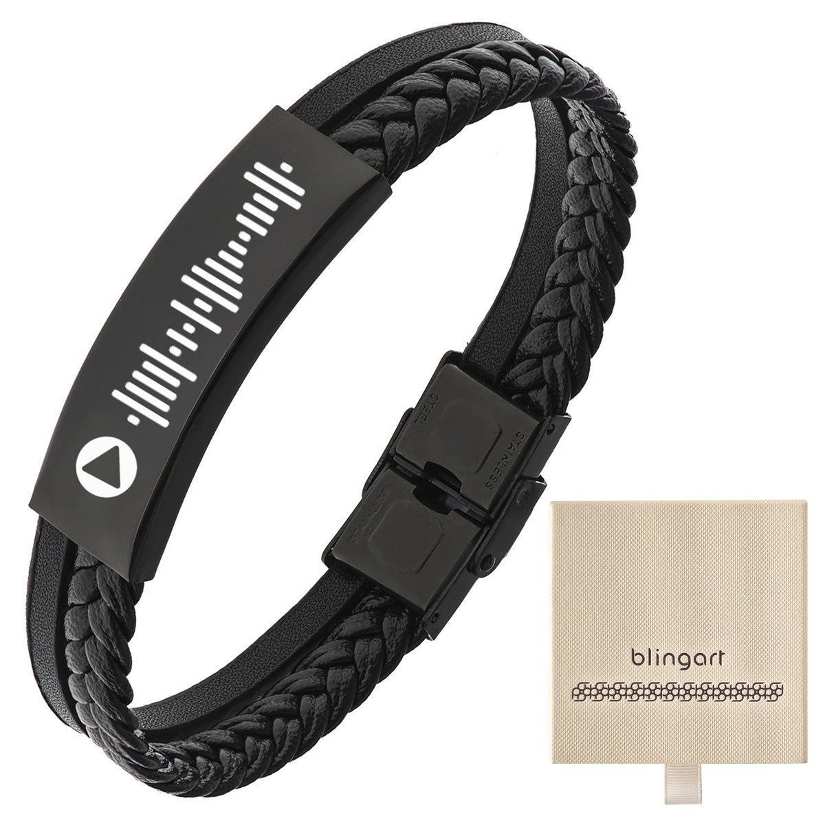 Bransoletka męska z GRAWEREM czarna plecionka blas