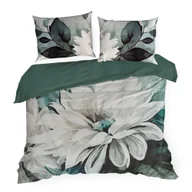 Pościel - Pościel satynowa LINDA 200x220 Eurofirany ciemnozielona jasnoszara artystyczne kwiaty liście - miniaturka - grafika 1