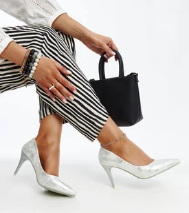 Srebrne metaliczne szpilki ze skórzaną wkładką Paume-38 - Półbuty damskie - miniaturka - grafika 1