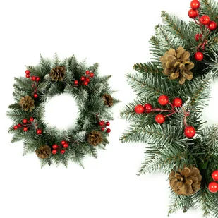 Wianek ośnieżony z Jarzębiną i szyszkami 40 cm Podkład na drzwi stół - Ozdoby bożonarodzeniowe - miniaturka - grafika 1