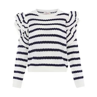 Swetry damskie - Aleva Damski sweter w paski z falbankami i okrągłym dekoltem, wełniano-biały, granatowy, rozmiar XL/XXL, Wełniana biel morska, XL - grafika 1