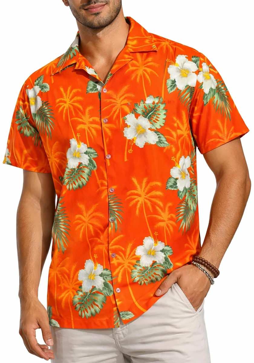 King Kameha Funky-hawajska koszula męska z krótkim rękawem, kieszeń z przodu, małe kwiaty, kwiaty, uniseks, S-Flower-Design - pomarańczowy, 3XL